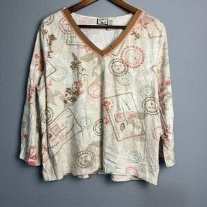 Caribbean Joe XL Beige Floral Postcard Print 3/4 SL V Neck Top Coastal Granny‎
